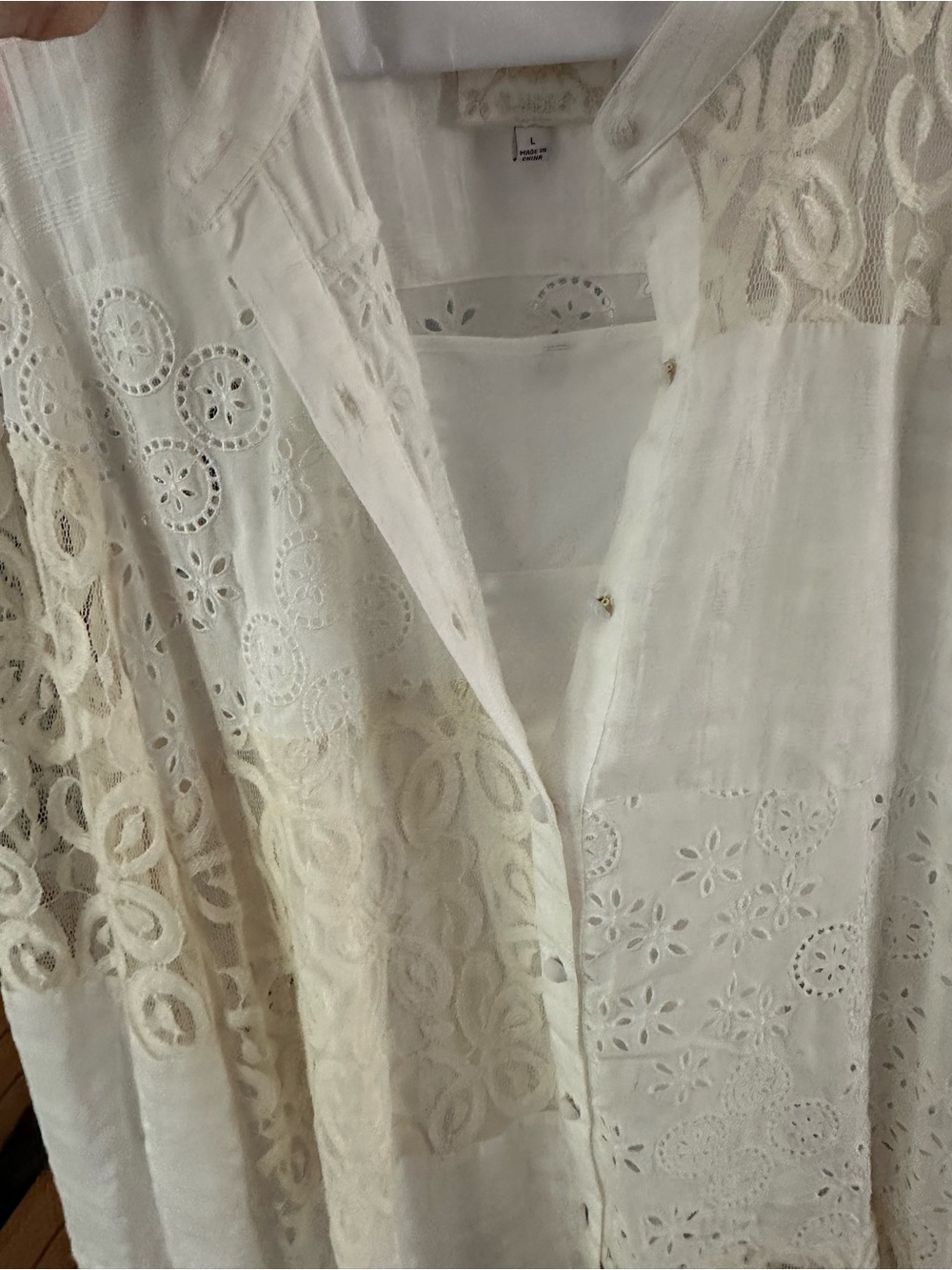 Johnny Was Cream and White Patchwork Lace Button-Front Blouse - Picture 3 of 4
